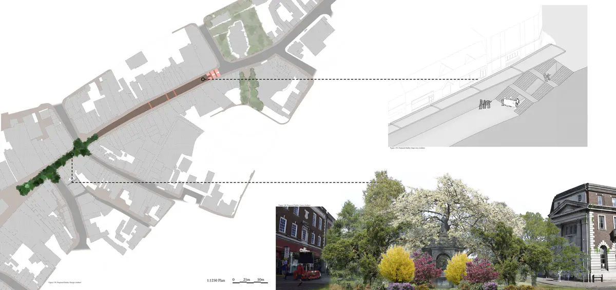 The whole High Street would be dug out to make way for this new kind of “street”. The idea, as stated, is to alter the way that people use this street, so that they can learn about the legacy of Dudley. This would mean that there would be a canopy that sits on top of the cut, that would also act as a means to shelter everything underneath, but would also be made in Dudley to promote local craftsmans. This canopy can then hold something like Theatre Curtains with the history of Dudley presented on them. As you walk through the cut, you go through all the different parts of Dudley’s Legacy - Saxon, Middle Ages, Industrial Revolution, Modern, and you would end the walk on the “Future”. You would start at one end, up by the top church, and as you walk through towards the market place, you would walk through the eras in chronological order. Then, once you exit the tunnel, you would leave the Modern era, and come out into the reclaimed green space, which would represent the future of Dudley’s Legacy. This would be a Miyawaki Forest that would be expanded out through the streets, taking over the spots where cars used to drive, to now benefit Dudley, it’s people, and the world as a whole.

Dudley’s High Street is about 240 metres long, about 9 metres wide, and rises about 8 metres. This would provided a very prominent feature for the High Street if it was dug out and recommissioned.

An added aspect to the dug out street would be that of the canopy that would reside above it. While thinking of the design, two ideas stood out - one that would stand raised, at about the same level as the end of the street, which would create this arcade styled archway that would reside high above the street. The second was having the canopy be flush with the pavement all the way up, except at the end that would then provide a small increase around the steps.

Both ideas serve the same purpose, but provide drastically different means of doing so. - Oscar Law Proposed Plan.png